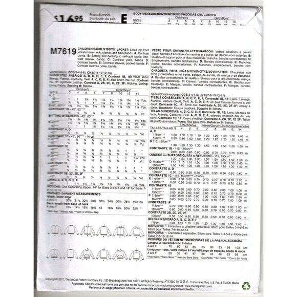 McCall's M7619 Unisex Kids 3 to 6 Lined Zip Front Jacket Sewing Pattern New - Picture 2 of 2